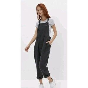 Aerie Lightweight Rolled Leg Gray Gauze Overalls Sz M Art Teacher Relaxed Fit